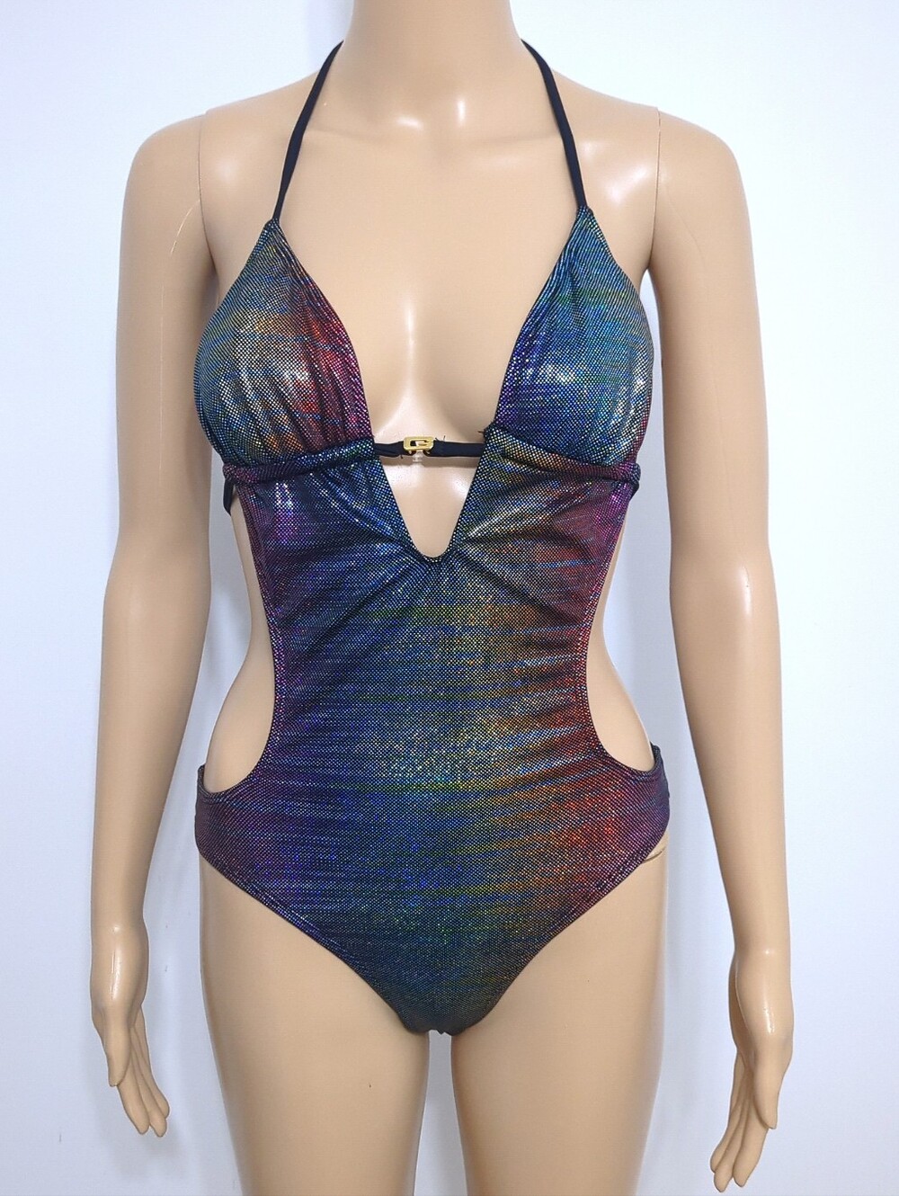 Vintage Guess Rainbow Holographic Monokini Y2K Rave Festival Swimsuit USA Made S - Picture 2 of 8